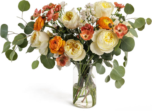 Golden Harmony bouquet with cream roses and orange ranunculus in a glass vase