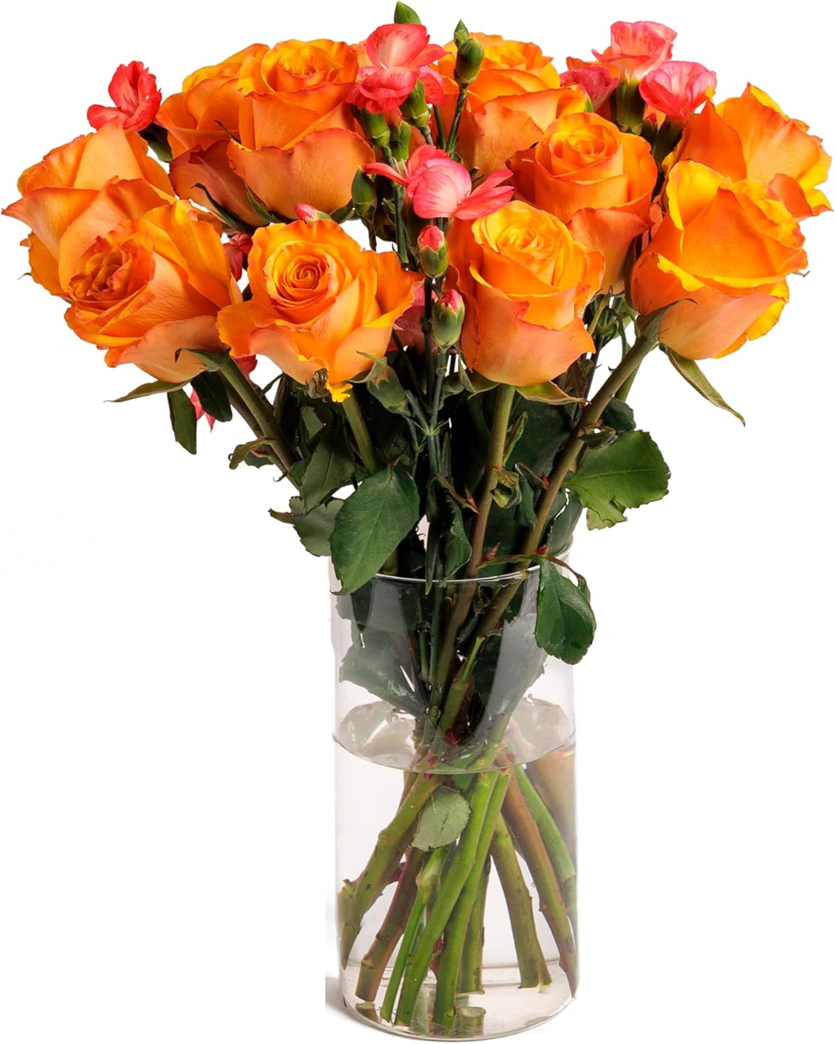 Sunset Charm bouquet of orange roses in a glass vase